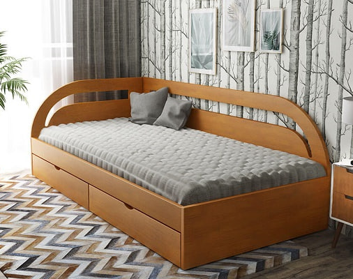 Угловая кровать с ящиками для хранения из массива дерева