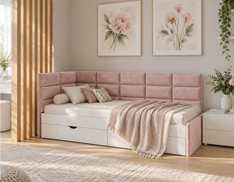 Угловая кровать с мягкими спинками и ящиками Mega-Comfort